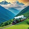 Ancient Trains Passes In a vast meadow with Mountains in the
