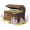 Ancient treasure chest, coins, jewelry, isolated. Underwater landscape. Watercolor illustration