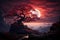 Ancient tree stands tall beneath a crimson moonlit sky