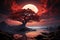 Ancient tree stands tall beneath a crimson moonlit sky