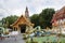 Ancient ubosot church and ruin stupa or chedi and antique naga statue for thai people travel visit praying blessing holy mystery