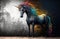 Ancient unicorn with a rainbow of colors. broad copy space in a panoramic design