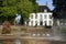 Ancient village hall and fountain in park, Hillegom