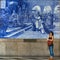 Ancient vintage azulejos picture in the old Sao Bento Railway Station of Porto.