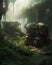 Ancient war machines become softened by nature hidden within a blanket of lush growth. Abandoned landscape. AI