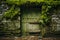 The ancient wooden door is overgrown with moss on the stone wall of historical building