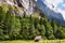 Ancient wooden house in the mountains overgrown with forest of Bernese Oberland