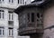 Ancient wooden terraced balcony exterior for home and living architecture retro decoration at old town in Kashmir, Northern India