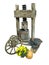 Ancient wooden wine press with cart wheel and basket of grapes isolated over white