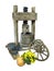 Ancient wooden wine press with cart wheel and basket of grapes isolated over white