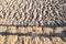 Ancient yellow stone steps covered with brown friable sand with waves and irregularities, descent to the beach. The background