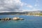 Ancients sunken part of a rocky city in Demre, Turkey. Sea and mountain view