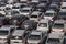 ANCONA, ITALY - JULY 27, 2017: Car shipping from Ancona to Durres. Cars without license plate strung together on the deck of the f