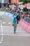 Andalo, Italy May 24, 2016; Professional cyclist passes the finish line of the stage