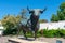 Andalusian bull sculpture monument in in Paseo de Blas Infante in Ronda, Malaga. Andalusia. Spain. July 18, 2021