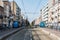 Anderlecht, Brussels Capital Region - Belgium - Empty platform and tracks of the local Broustin lightrail tramway