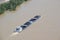Andernach, Germany - 07 19 2021: open cargo ship in the Rhine flood