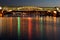 Andreyevsky (Pushkinsky) Bridge (left side) across Moskva River, located between Luzhniki and Gorky Park in Moscow, Russia