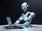 Android artificial intelligence robot cyborg working on a laptop in office, robot replace human work force, generative AI