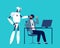 Android and human. Robot kick away business person from office workspace artificial intelligence future job vector