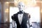 Android robot dressed up as waiter with tuxedo and bow tie. Generative AI