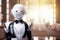 Android robot dressed up as waiter with tuxedo. Generative AI