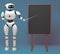 Android robot with pointer stick on blue background. 3d illustration. Robot teacher standing in front of blackboard