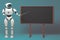 Android robot with pointer stick on blue background. 3d illustration. Robot teacher standing in front of blackboard