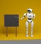 Android robot with pointer stick on orange background. 3d illustration. Robot teacher standing in front of blackboard.