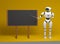 Android robot with pointer stick on orange background. 3d illustration. Robot teacher standing in front of blackboard.