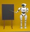 Android robot with pointer stick on orange background. 3d illustration. Robot teacher standing in front of blackboard.