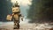 An android robot with a small decorated Christmas tree on its head carries a Christmas gift through a snowy forest