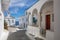 Andros island, Chora town, Cyclades Greece. Agia Varvara white orthodox church, sea sky sunny day