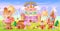 Ð¡andy city with cake castle, houses cakes, ice creams, sweets, lollipops and cookies. Panorama of candy town.Vector cartoon