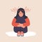 Anemia concept. Sad arabic woman with dizziness sitting on floor. Unhappy girl suffers from vertigo and headache and