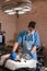 Anesthesiologist prepares a cat for surgery. Checks if anesthesia worked . Pet surgery. Pet surgery