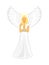 Angel with big white wings and a golden halo over her head.