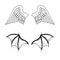 Angel and demon wings sketch vector. Wing, feathers of a bird, swan, eagle. Bat, line art collection of vampire silhouettes.