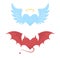 Angel and devil hearts with wings. Blue and red heart. Golden halo, bat wings and tail. Halloween decorative element