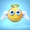Angel emoji isolated on yellow background, emoticon with wings and halo 3d rendering