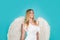 Angel girl. Smiling woman with white wings. Happy Valentines Day. Cute Valentine cupid.