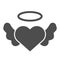 Angel heart with wings solid icon. Angelic love, winged shape and halo symbol, glyph style pictogram on white. Valentine