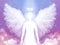 Angel, Lord, soul with wings against the background of the sky and clouds. White glowing figure with wings