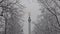 The Angel of Peace on the top of Friedensengel monument in Munich, Germany during the snow srorm