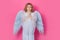 Angel prayer. Little cupid child. Kid angel with angels wings, isolated on pink studio background. Valentines day gift