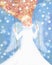 Angel in white clothes with foxy hair swinging in the blue sky with snowflakes.