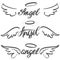 Angel wings icon sketch collection, religious calligraphic text symbol of Christianity hand drawn vector illustration