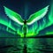 Angel with wings looking at aurora