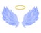 Angel wings with nimbus. Sacred heavenly freedom blue wings with golden crown in middle.