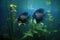 angelfish pair swimming among exotic underwater plants